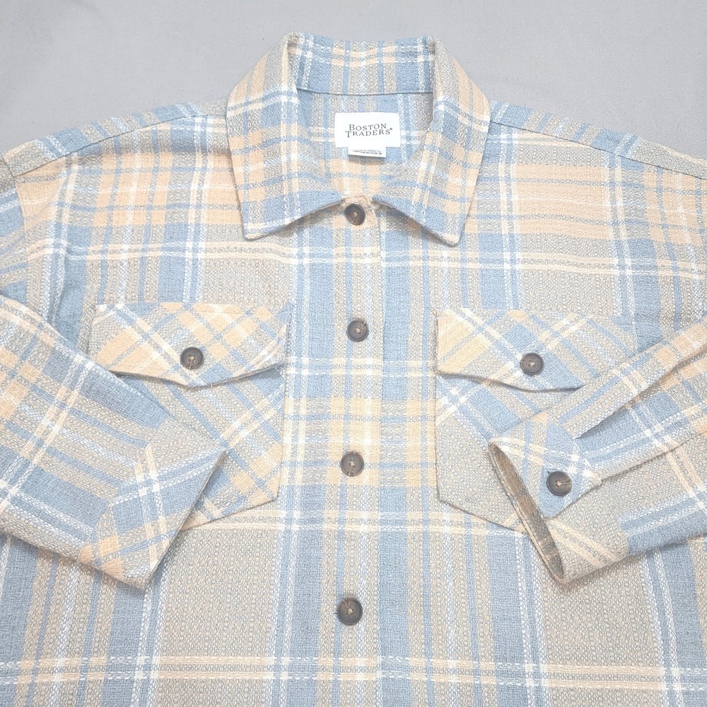 Boston Traders Plaid Shirt Jacket Women's Size L Blue Beige Button Up Shacket